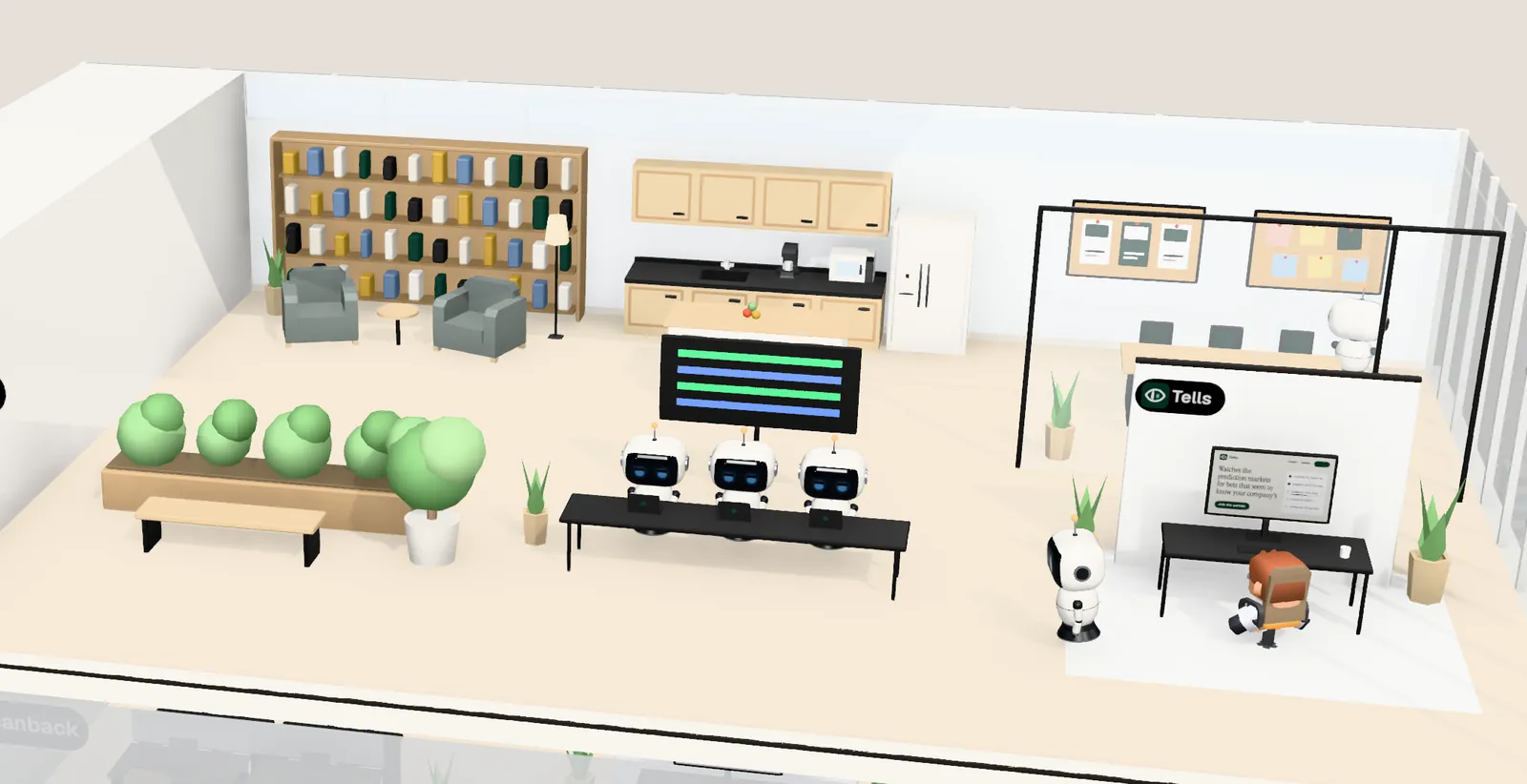 Tells’ office on floor 3 of Tower 3: the owner’s desk with the website on screen, the agents’ bench, a meeting room and a library